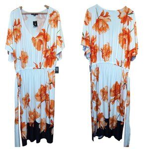 Ashley Stewart Floral Print Midi Dress Size 22/24W Orange & White Belted